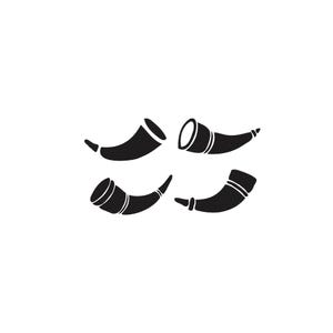 May include: A set of four black silhouette icons depicting curved horns or cornucopias arranged in a two-by-two grid. Each icon features a distinct shape with a wide opening at one end and a tapered, pointed tip at the other, rendered in solid black.