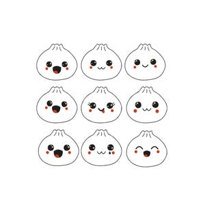 以下が含まれることがあります： 3列に並んだ9つの白い餃子のイラストのグリッド。各餃子はシンプルな黒い輪郭、ひだのある上部、そして黒い目、小さな口、両側の2つの小さな赤い円形の頬を持つユニークな表情が特徴です。
