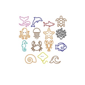 May include: A collection of fourteen colorful line art icons depicting marine life and ocean elements, including a whale tail, dolphin, shark, sea turtle, octopus, jellyfish, starfish, coral, seahorse, crab, lobster, fish, shell, ray, and wave.
