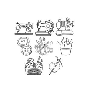 May include: Black and white line art illustration of sewing and crafting tools. The image includes sewing machines, buttons, a spool of thread with needles, a pincushion, a basket of yarn, and a heart with a needle and thread.