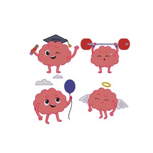 May include: Four pink cartoon brain characters with arms and legs. One wears a graduation cap and holds a diploma, one lifts a red barbell, one holds a purple balloon near small clouds, and one has white wings and a yellow halo above its head.