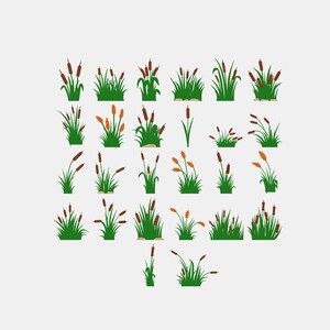 以下が含まれることがあります： 25種類のガマの植物のベクターイラストコレクション。各グラフィックは、緑の草の葉と、茶色またはオレンジ色の円筒形の穂が、さまざまな密度で配置されたデザインで、無地の背景に描かれています。
