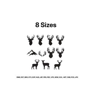 Op de afbeelding: Een digitale collectie van zwarte silhouetten met diverse hertenkoppen, een bergketen en hertenfiguren in hun geheel. De tekst 8 Sizes staat bovenaan in het midden, en een lijst met bestandsformaten waaronder EMB, DST, BRO, STX, EXP, HUS, JEF, PES, PEC, VP3, SEW, XXX, ART, CND, PCS, JPX staat onderaan.
