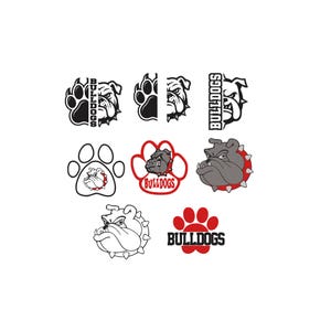 Può includere: Una collezione di disegni grafici in bianco, nero e rosso con teste di bulldog e impronte di zampe. Diversi disegni includono il testo BULLDOGS in un carattere grassetto senza grazie. Le illustrazioni variano tra linee e forme piene.