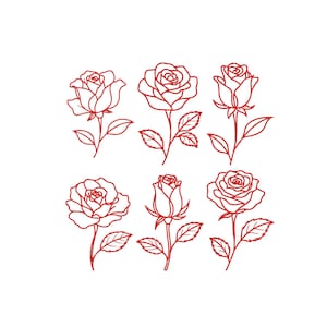 Puede incluir: Una colección de seis ilustraciones distintas de rosas en línea roja. Cada rosa se representa en una etapa de floración única, desde capullos cerrados hasta flores completamente abiertas, con tallos y hojas en un estilo de contorno rojo.