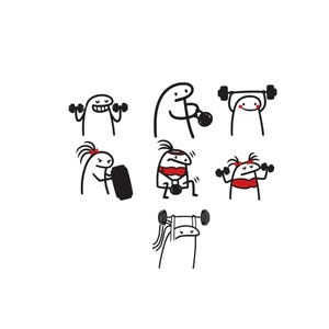 Può includere: Una collezione di sette illustrazioni a linee bianche e nere che raffigurano figure stilizzate che eseguono vari esercizi in palestra. I personaggi sono ritratti mentre sollevano manubri, usano una kettlebell e tengono un bilanciere.
