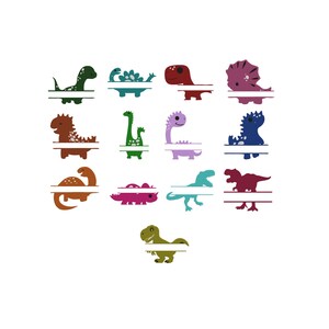 May include: A collection of thirteen colourful dinosaur illustrations, each featuring a horizontal white split line across the centre. The dinosaurs are rendered in various shades including green, brown, purple, blue, and red, showcasing diverse shapes.