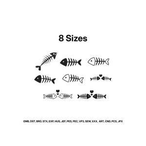 Può includere: Un set di ricami digitali con 8 dimensioni di icone di scheletri di pesce neri. La grafica include vari stili di lische di pesce, alcuni con cuori. Il testo riporta 8 Sizes e un elenco di formati file: EMB, DST, BRO, STX, EXP, HUS, JEF, PES, PEC, VP3, SEW, XXX, ART, CND, PCS, JPX.
