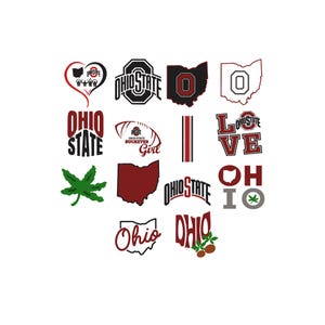 Könnte beinhalten: Eine Sammlung von Aufklebern zum Thema Ohio State University mit dem Block-O-Logo, dem Umriss des Bundesstaates Ohio, einem Football, einem Rosskastanienblatt und Texten wie Ohio State, Love und Ohio in Scharlachrot, Grau, Weiß und Grün.