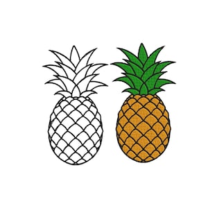 Op de afbeelding: Twee ananas borduurontwerpen worden naast elkaar weergegeven. De linker ananas is een zwarte omtrek zonder opvulling. De rechter ananas heeft een goudgeel vruchtlichaam met een gestructureerd ruitpatroon en levendige groene bladeren.