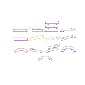 Peut inclure: Une collection de quatorze illustrations de bannières distinctes dans diverses couleurs, notamment rouge, vert, bleu, violet et jaune. L'ensemble présente des formes variées telles que des rubans droits, incurvés, pliés et superposés.