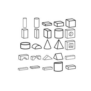 May include: A collection of black and white line art illustrations depicting various geometric shapes including cylinders, cubes, rectangular prisms, cones, pyramids, and blocks with cutouts arranged in a grid pattern on a plain white background.
