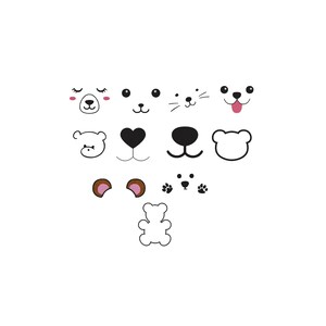 Pode incluir: Uma coleção de ilustrações de arte linear em preto e branco com vários rostos, narizes e orelhas de animais. O conjunto inclui características de urso, gato e cão, com pequenos detalhes em rosa em algumas orelhas e bochechas, num padrão triangular.