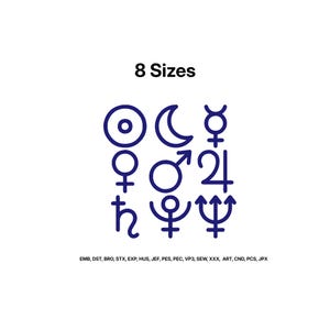 Może przedstawiać: Cyfrowa grafika z tekstem 8 Sizes u góry, po którym następuje siatka dziewięciu ciemnoniebieskich symboli astrologicznych. Pod symbolami wyświetlany jest tekst EMB, DST, BRO, STX, EXP, HUS, JEF, PES, PEC, VP3, SEW, XXX, ART, CND, PCS, JPX.