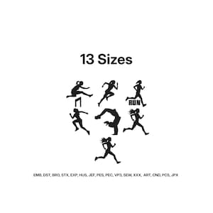 Könnte beinhalten: Eine Sammlung schwarzer Silhouetten-Grafiken mit sieben verschiedenen sportlichen Posen von Läufern und einem Turner, mit dem Text 13 Sizes oben und einer Liste von Dateiformaten wie EMB, DST, BRO, STX, EXP, HUS, JEF, PES, PEC, VP3, SEW, XXX, ART, CND, PCS, JPX.