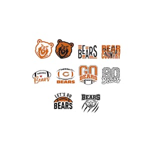 May include: A collection of ten graphic designs featuring orange and black bear motifs, footballs, and text including BEARS, BEAR COUNTRY, GO BEARS, and LET'S GO BEARS. The designs incorporate various styles like leopard print, claw marks, and hearts.