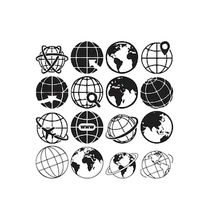 Puede incluir: Una colección de dieciséis iconos circulares en blanco y negro con varios diseños de globos terráqueos. El conjunto incluye globos con líneas de cuadrícula, continentes, anillos orbitales, un pin de ubicación, una lupa, un avión y el texto WWW.