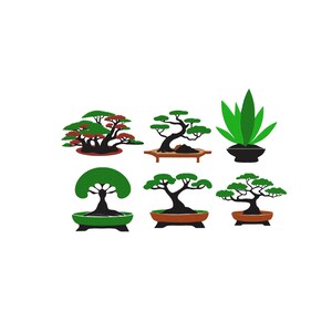 Peut inclure: Une collection de six illustrations de plantes stylisées comprenant cinq bonsaïs aux troncs sombres et au feuillage vert, dont un avec des accents rouges, et une plante succulente dressée aux feuilles vertes pointues, dans divers pots en céramique.