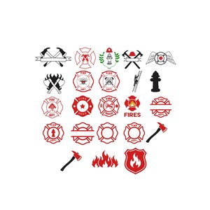 May include: A collection of twenty-five black and red graphic icons featuring firefighting themes. The set includes various Maltese cross emblems, crossed axes, fire hydrants, a ladder with a firefighter, flames, and shields with fire symbols.