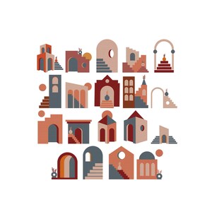 Puede incluir: Una colección de diecinueve ilustraciones gráficas que presentan elementos arquitectónicos que incluyen arcos, escaleras y formas geométricas de edificios en una paleta de terracota, rojo oscuro, azul apagado y beige, dispuestas en cuadrícula.