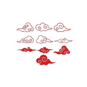 May include: A collection of ten distinct red cloud illustrations arranged in a grid. Each cloud features stylized, swirling line work and rounded shapes, with some designs rendered as solid red silhouettes and others as simple red outlines.