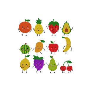 Op de afbeelding: Een verzameling van elf cartoon fruitillustraties met een sinaasappel, ananas, aardbei, avocado, watermeloen, mango, appel, banaan, citroen, druiven, peer en kersen, elk met een lachend gezicht, dunne zwarte armen en dunne zwarte benen.
