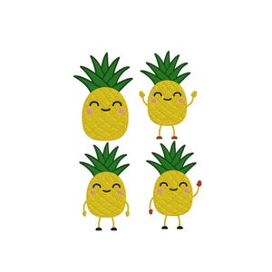 Op de afbeelding: Vier geborduurde ananas-patches met gele lichamen, groene bladeren en lachende gezichten met roze wangen. Twee van de ananassen hebben armen en benen, terwijl de andere twee zonder ledematen zijn afgebeeld, allemaal met een gestructureerde steek.