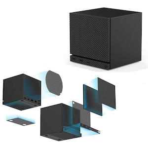 May include: A black cube-shaped computer case featuring a diagonal carbon fibre texture on the front panel. The image displays an exploded view showing the internal chassis, side panels, and base components separated with blue light accents.