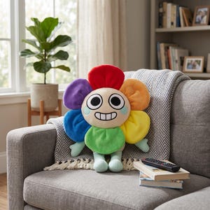 Op de afbeelding: Een pluche bloemspeeltje met een beige gezicht, een brede glimlachende mond en grote ronde ogen. De bloem heeft zes bloemblaadjes in rood, oranje, geel, groen, blauw en paars. Het heeft lichtgroene armen en benen aan de onderkant.