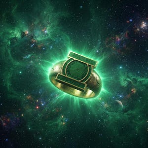 May include: A metallic ring featuring a circular emblem with a central spiral pattern and horizontal bars, glowing with a bright green light against a backdrop of deep space filled with green nebulae, distant stars, and a small planet.