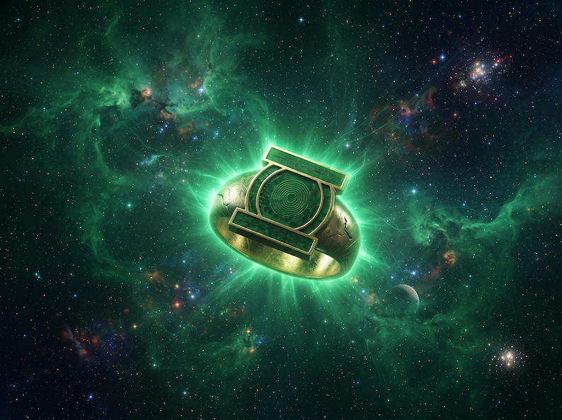 May include: A metallic ring featuring a circular emblem with a central spiral pattern and horizontal bars, glowing with a bright green light against a backdrop of deep space filled with green nebulae, distant stars, and a small planet.
