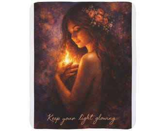 Keep Your Light Glühende Frau mit Flamme Fleece Sherpa Decke | mystische Kunst, Blumenkrone