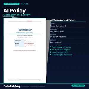 Op de afbeelding: Een digitaal document getiteld "AI Policy Management System" met de tekst "TechMadeEasy" en "AI Management System Policy". Het document voldoet aan ISO/IEC 42001:2023 en bevat 14 beleidssecties. Directe digitale download.