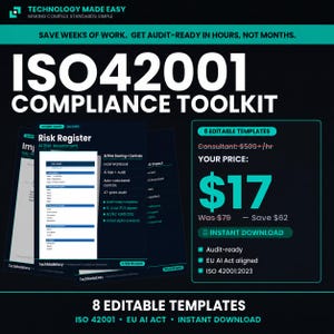 Può includere: Grafica verde scuro con il testo "ISO42001 COMPLIANCE TOOLKIT". L'immagine include un registro dei rischi e dettagli su 8 modelli modificabili. Il prezzo è di 17 €, ed è un download immediato. Il toolkit è pronto per l'audit e allineato alla legge UE sull'IA.