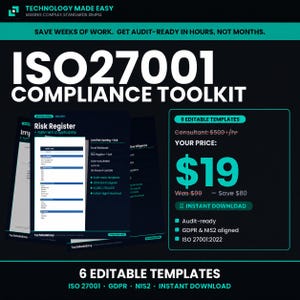 Può includere: Immagine promozionale per un toolkit di conformità ISO 27001. L'immagine presenta il testo "ISO27001 COMPLIANCE TOOLKIT" in grandi lettere bianche. Include anche un prezzo di 19 €, un elenco di funzionalità e il testo "6 EDITABLE TEMPLATES".