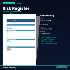 May include: A digital document titled "Risk Register AI Risk Assessment" with a dark blue background. The document includes sections on AI risk assessment, audit checklists, and live risk scoring. The text includes "ISO 42001 TOOLKIT" and "8 FILES INCLUDED".