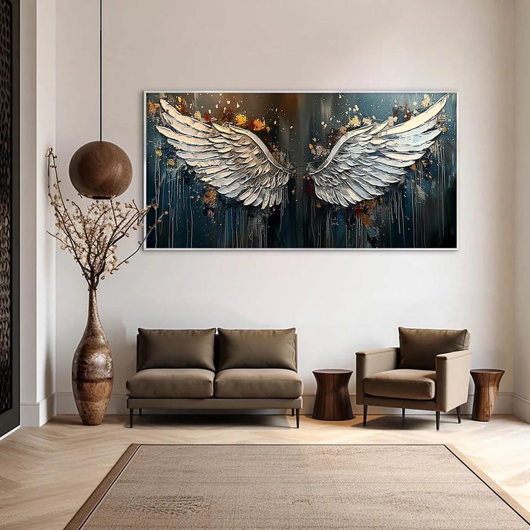Angel Wings Wall Art Large Abstract Metallic Feather Painting Modern ...
