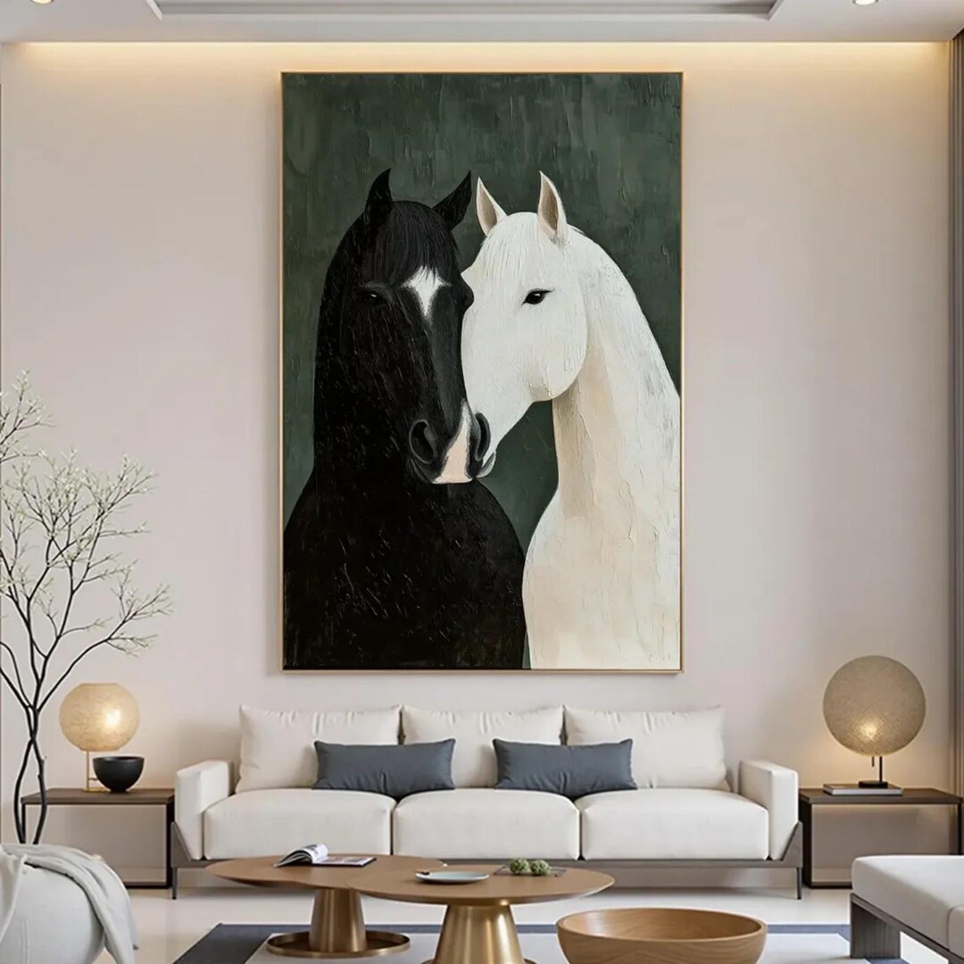 Black and White Horse Wall Art Large Canvas Print, Minimalist Pair of ...