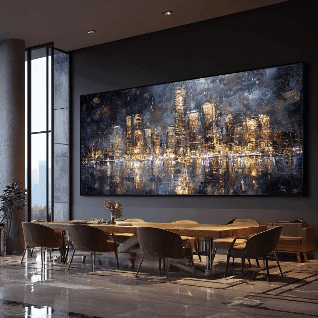 Large Abstract City Skyline Canvas Gold Night Cityscape Wall Art for ...