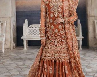 Afrozeh Orange Bridal Collection Net Gharara Replica