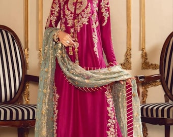 Elegent Raw Silk Embroided Handmade Luxury Suit With| Masoori Net Dubatta