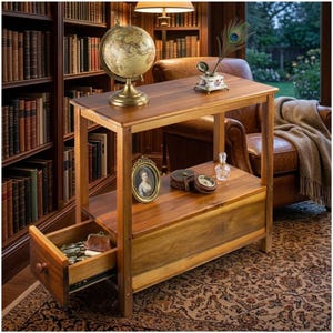 May include: A wooden side table with a drawer, featuring a globe, framed portrait, and other decorative items. The table is made of warm-toned wood and has a lower shelf. The drawer is open, revealing small items.