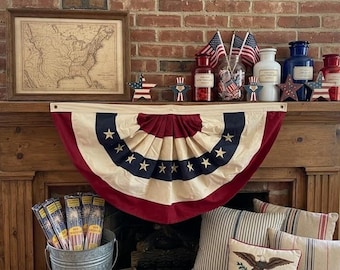 Vintage Style USA Fan Flag – Tea Stained Cotton Patriotic Banner with Embroidery & Brass Grommets