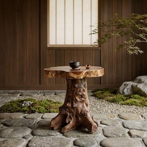 May include: A small, round wooden table with a natural edge top and a tree trunk base. A small black bowl and a wooden spoon rest on the table. The table is set in a zen garden setting with a stone floor and a small tree.