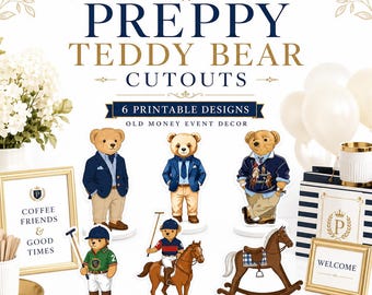 Sagome di orsetti di peluche in stile preppy, decorazioni per eventi a tema "vecchia ricchezza", 6 disegni stampabili (PDF PNG)