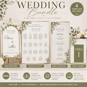 May include: A wedding stationery bundle featuring four editable Canva templates: a welcome sign, a seating chart, a menu, and a table number card. Each piece displays a white background with sage green botanical accents and elegant serif typography.