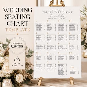 Puede incluir: Una plantilla blanca para el plano de asientos de una boda con texto en negro que incluye el encabezado "our favorite people PLEASE TAKE A SEAT", los nombres "Luna and Leo", la fecha "26 JULY 2025" y una lista de invitados por mesas de la A a la W.