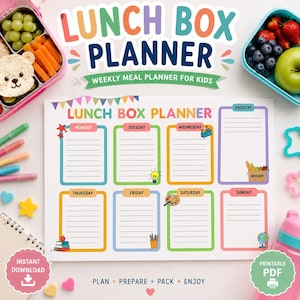 May include: A weekly lunch box planner sheet with colorful headers for each day of the week, featuring lined sections for meal planning and a grocery list column. The design includes small illustrations like a lightbulb, paint palette, and books.