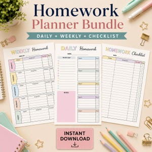 Op de afbeelding: Een huiswerkplanner-bundel met drie geprinte vellen genaamd Weekly Homework, Daily Homework en Homework Checklist. De pagina's bevatten pastelkleurige secties voor vakken, opdrachten en deadlines. De tekst bevat "INSTANT DOWNLOAD".