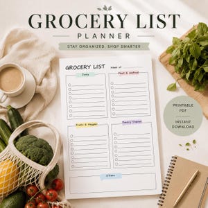 Könnte beinhalten: Ein Einkaufslistenplaner mit dem Text "GROCERY LIST PLANNER" und "STAY ORGANIZED, SHOP SMARTER". Der Planer ist in Abschnitte für Milchprodukte, Fleisch und Meeresfrüchte, Obst und Gemüse, Vorratsschrank und Sonstiges unterteilt.